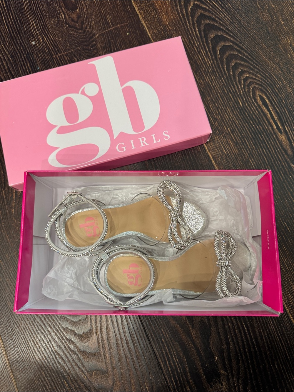 GB Girls Silver Crystal Bow Ankle-Strap Sandals